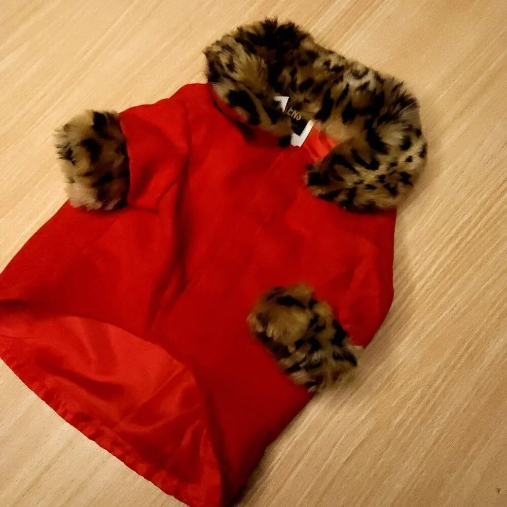 Dicken's Closet By Petco Red Faux Suede Leopard Fur Small Dog Jacket